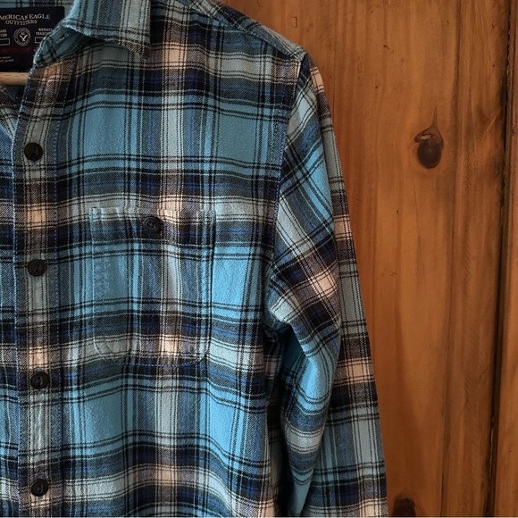 American Eagle Plaid Button Down Shirt Turquoise Blue Black 100% Cotton - XS - Picture 8 of 10